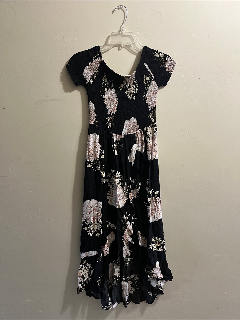 Black Maxi Dress with Soft Pink Floral Print